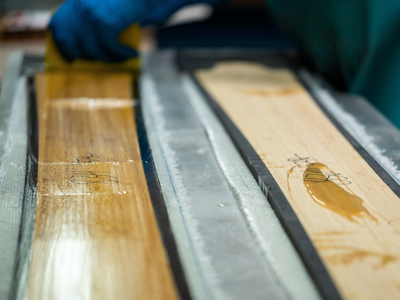 A vertically laminated bamboo ski core on the CNC table.